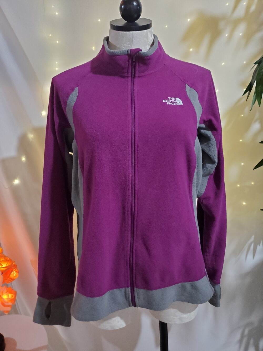 The North Face Purple Gray Full Zip Fleece Jacket Womens Size L Thumbhole Sleeve